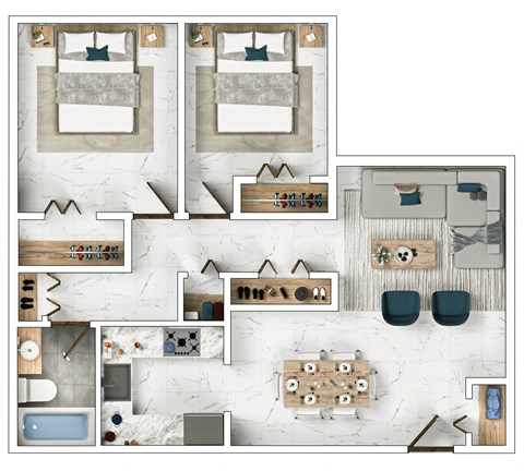 Floor plan for 2 beds, 1 bath, 765 sqft